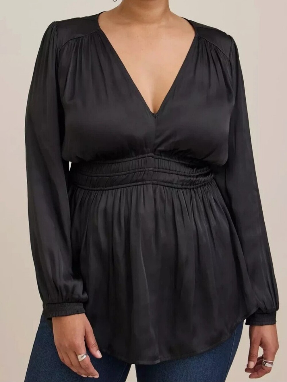 Torrid Black Satin Peplum Smocked Waist VNeck Blouson Top